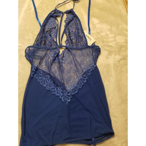 Escante Sexy Strappy Lace Mesh Halter Chemise G-String Set Royal Blue Medium - Picture 3 of 7